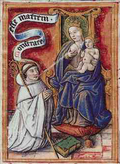 Lactatio (the milk miracle) of Bernard of Clairvaux. Bernard is rewarded by the Virgin Mary by a spray of miraculous breast milk