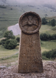 The modern (1960) stele at Montsegur: The incription in French translates: stele erected by the Cociety of Cathar Rememberance and Studies, Spring 1960